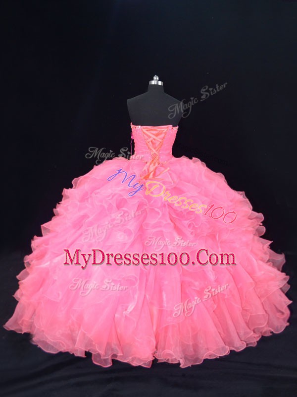 Popular Sleeveless Floor Length Beading and Ruffles Lace Up 15 Quinceanera Dress with Pink