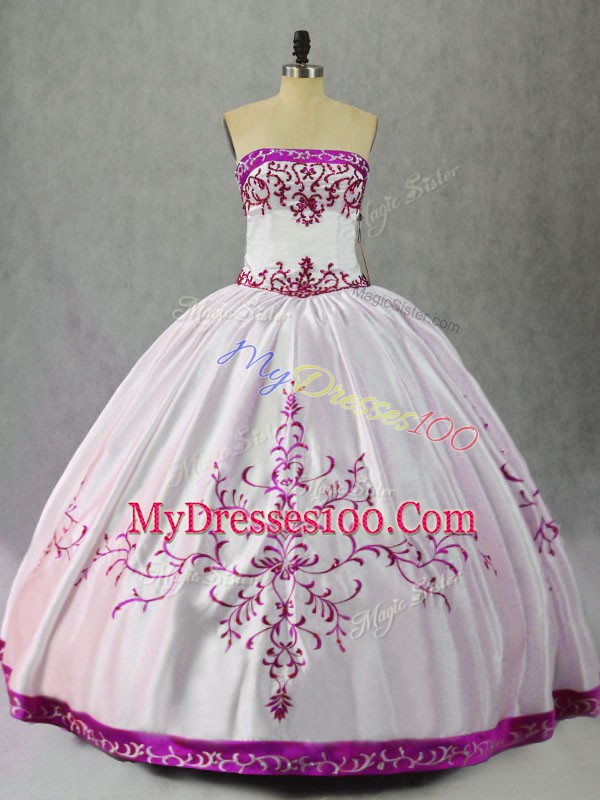 White And Purple Taffeta Lace Up Strapless Sleeveless Floor Length Sweet 16 Dress Embroidery