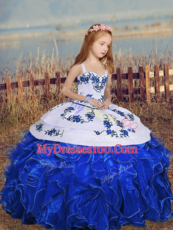 Royal Blue Ball Gowns Embroidery and Ruffles Pageant Gowns For Girls Lace Up Organza Sleeveless Floor Length