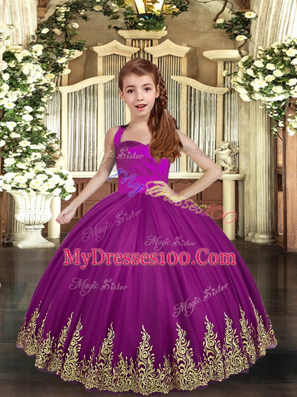 Purple Tulle Lace Up Pageant Dress for Teens Sleeveless Asymmetrical Embroidery