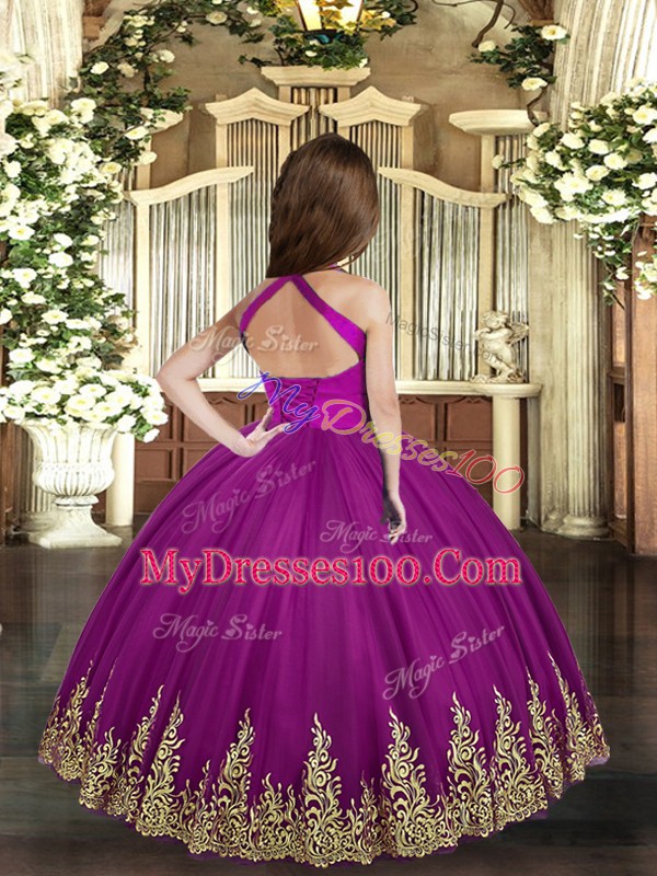 Purple Tulle Lace Up Pageant Dress for Teens Sleeveless Asymmetrical Embroidery