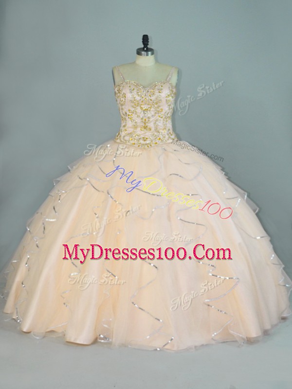 Delicate Floor Length Champagne Quinceanera Dresses Straps Sleeveless Lace Up