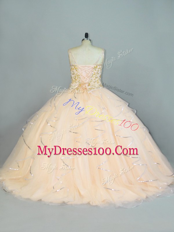 Delicate Floor Length Champagne Quinceanera Dresses Straps Sleeveless Lace Up