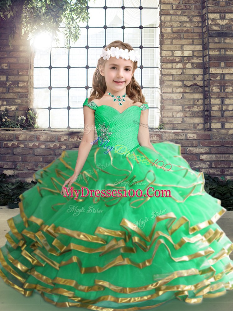 Excellent Apple Green Lace Up Straps Beading and Ruffles Little Girl Pageant Dress Tulle Sleeveless