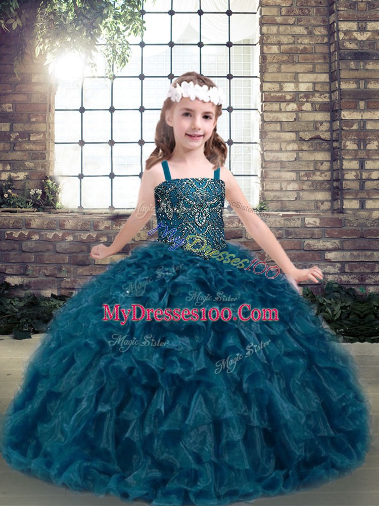 Great Teal Sleeveless Organza Lace Up Child Pageant Dress for Party and Wedding Party