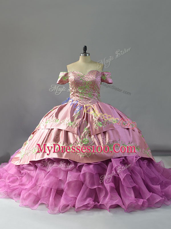 Lilac Sleeveless Chapel Train Embroidery and Ruffles Quinceanera Dresses