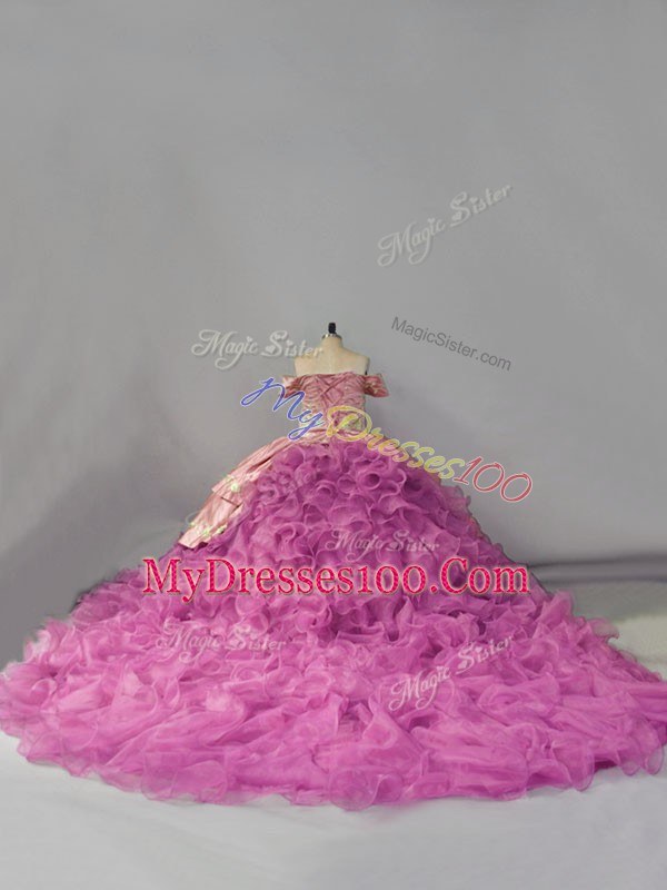 Lilac Sleeveless Chapel Train Embroidery and Ruffles Quinceanera Dresses