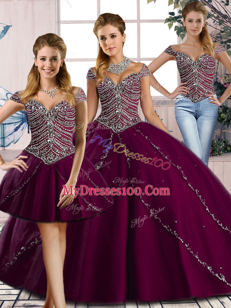 Purple Sweetheart Lace Up Beading Sweet 16 Quinceanera Dress Brush Train Cap Sleeves