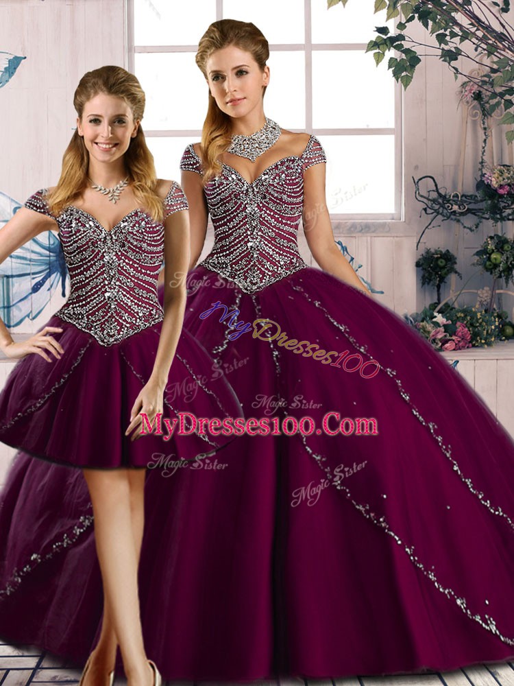 Purple Sweetheart Lace Up Beading Sweet 16 Quinceanera Dress Brush Train Cap Sleeves