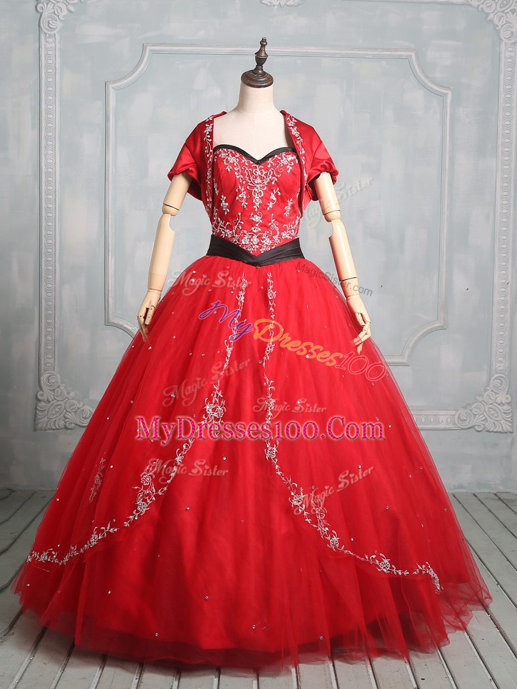 Adorable Sleeveless Floor Length Embroidery Lace Up 15 Quinceanera Dress with Red