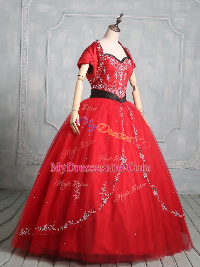 Adorable Sleeveless Floor Length Embroidery Lace Up 15 Quinceanera Dress with Red