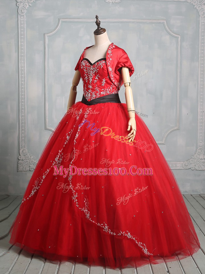 Adorable Sleeveless Floor Length Embroidery Lace Up 15 Quinceanera Dress with Red