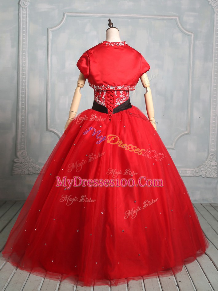 Adorable Sleeveless Floor Length Embroidery Lace Up 15 Quinceanera Dress with Red