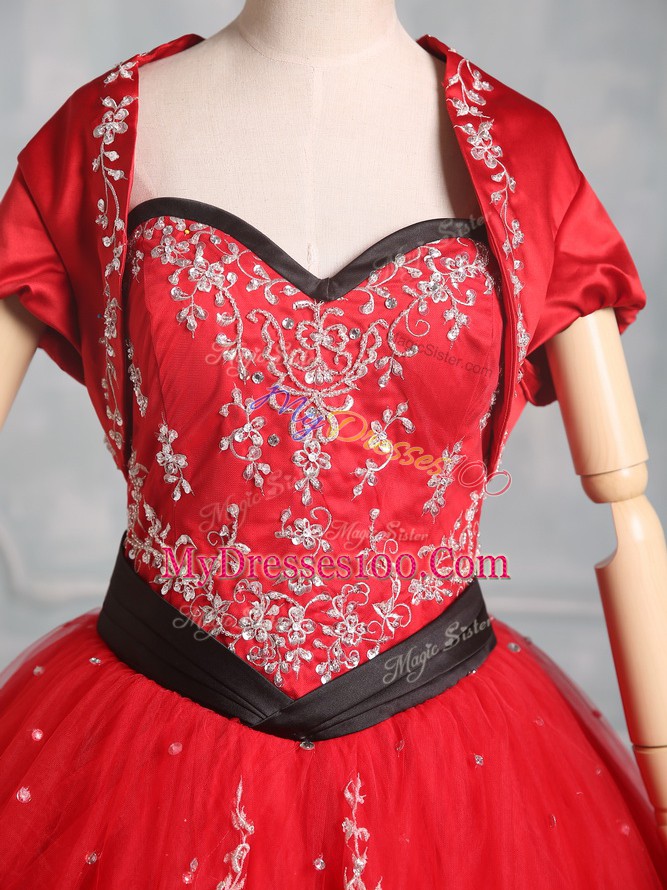 Adorable Sleeveless Floor Length Embroidery Lace Up 15 Quinceanera Dress with Red