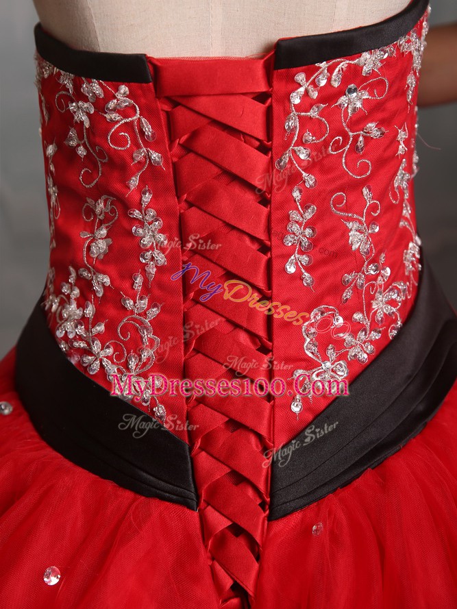 Adorable Sleeveless Floor Length Embroidery Lace Up 15 Quinceanera Dress with Red