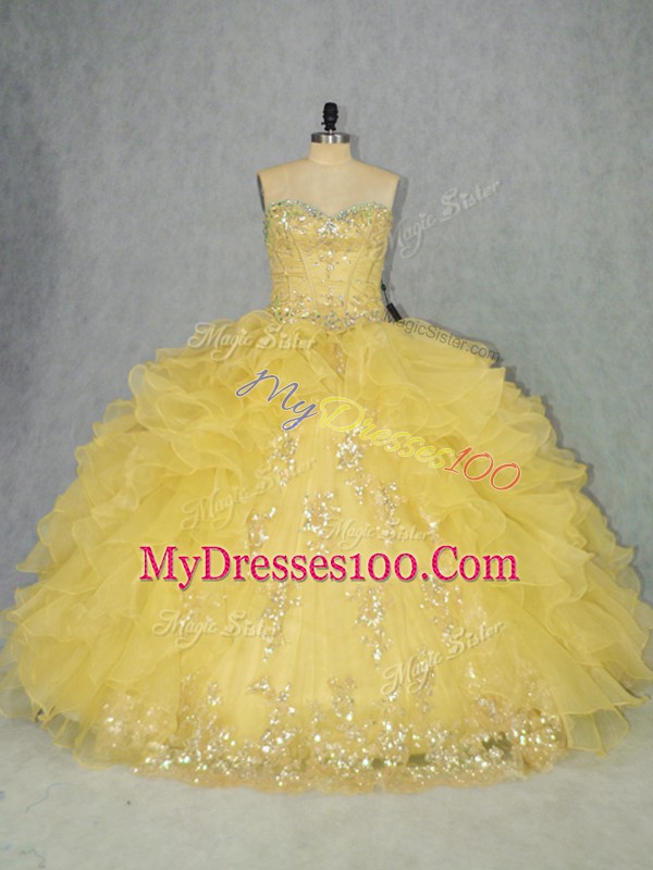 Affordable Sleeveless Organza Floor Length Lace Up 15 Quinceanera Dress in Yellow with Appliques and Ruffles