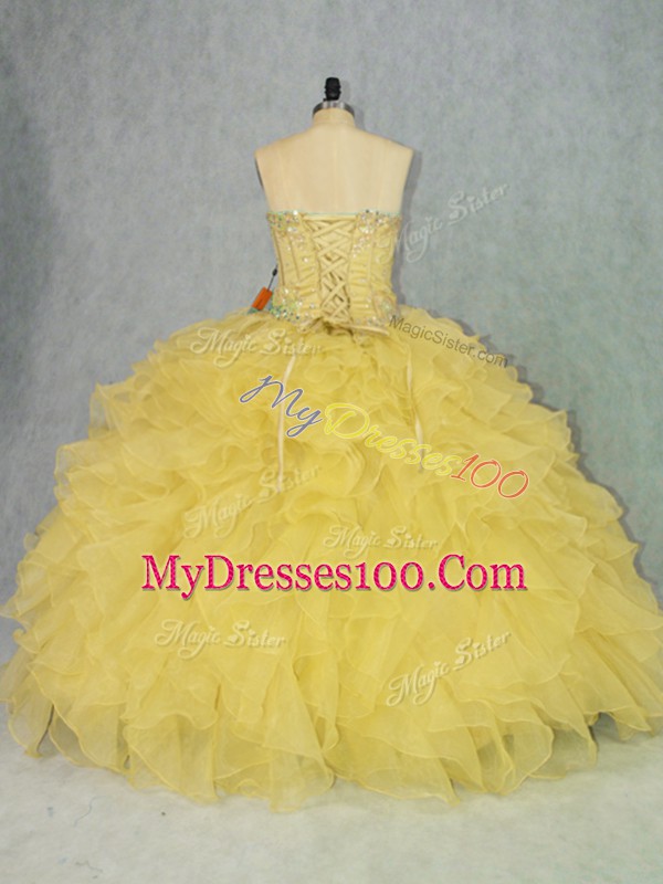 Affordable Sleeveless Organza Floor Length Lace Up 15 Quinceanera Dress in Yellow with Appliques and Ruffles