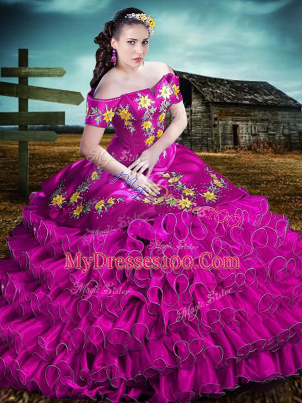 Pretty Fuchsia Ball Gowns Off The Shoulder Sleeveless Organza Floor Length Lace Up Embroidery and Ruffles 15th Birthday Dress