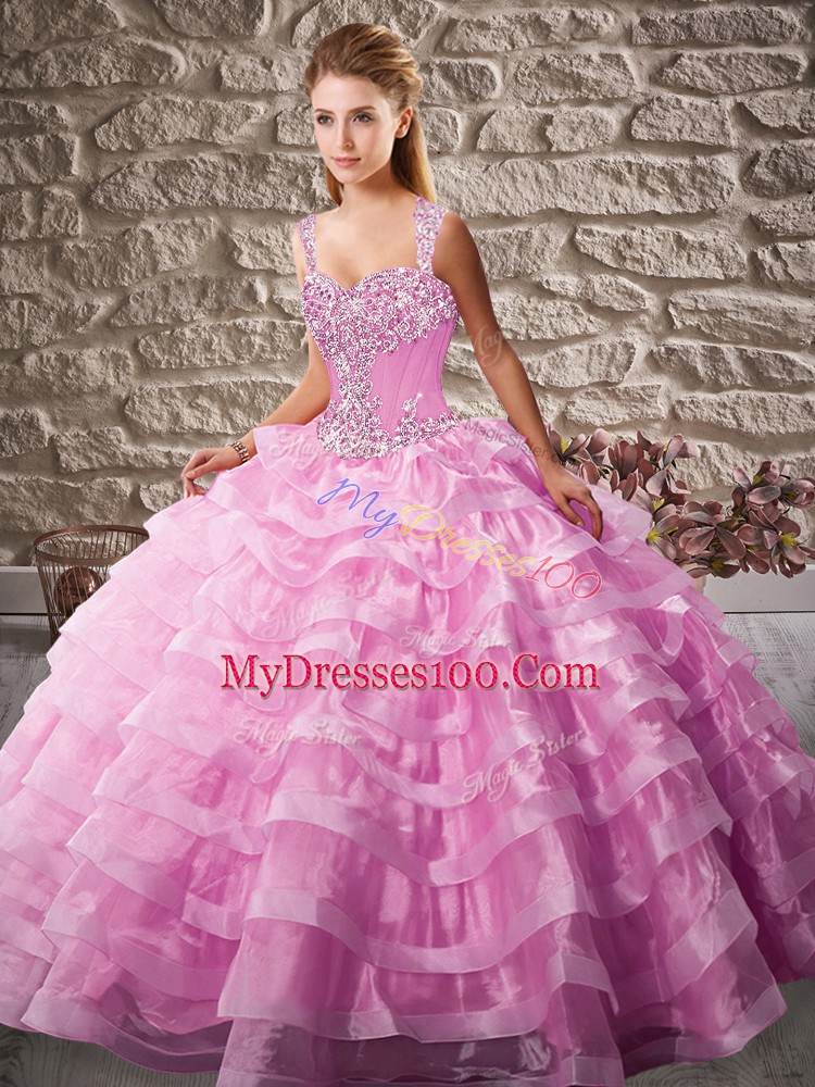 Floor Length Lace Up 15 Quinceanera Dress Pink for Sweet 16 and Quinceanera with Beading and Ruffled Layers Court Train