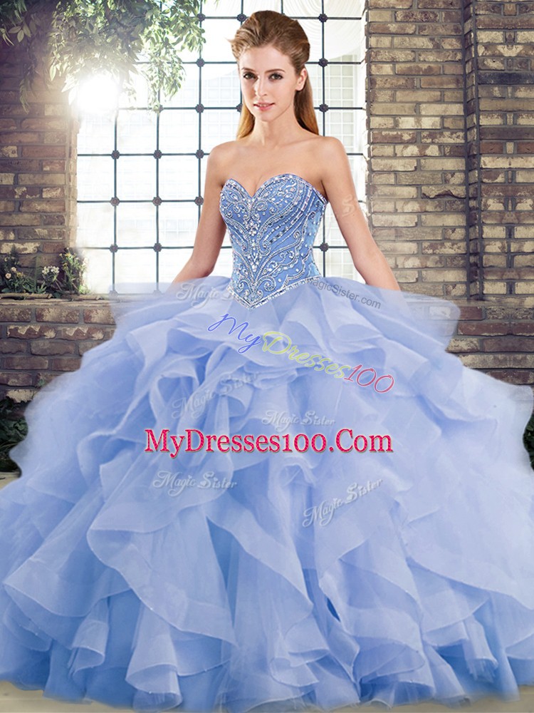 Sweetheart Sleeveless Sweet 16 Dresses Brush Train Beading and Ruffles Lavender Tulle