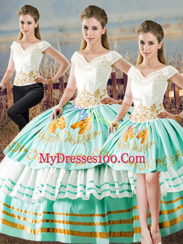 Enchanting Floor Length Apple Green 15 Quinceanera Dress Satin Sleeveless Embroidery and Ruffled Layers