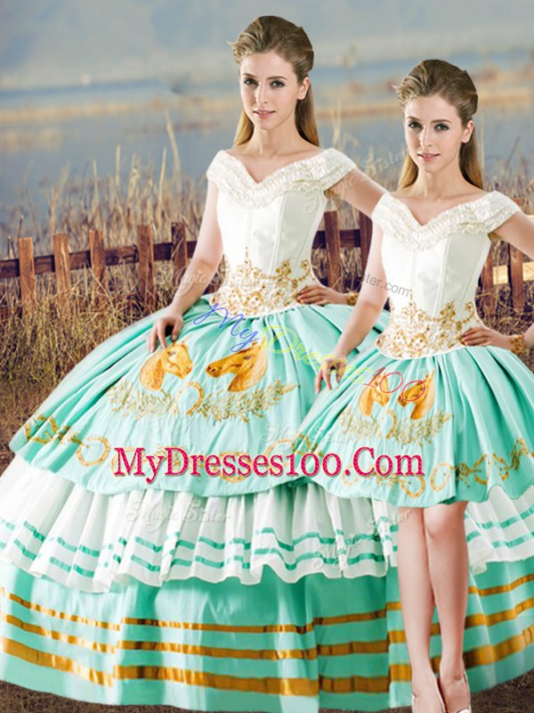 Enchanting Floor Length Apple Green 15 Quinceanera Dress Satin Sleeveless Embroidery and Ruffled Layers