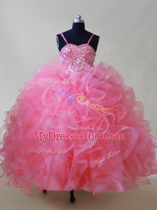 Sleeveless Lace Up Floor Length Beading and Ruffles Child Pageant Dress