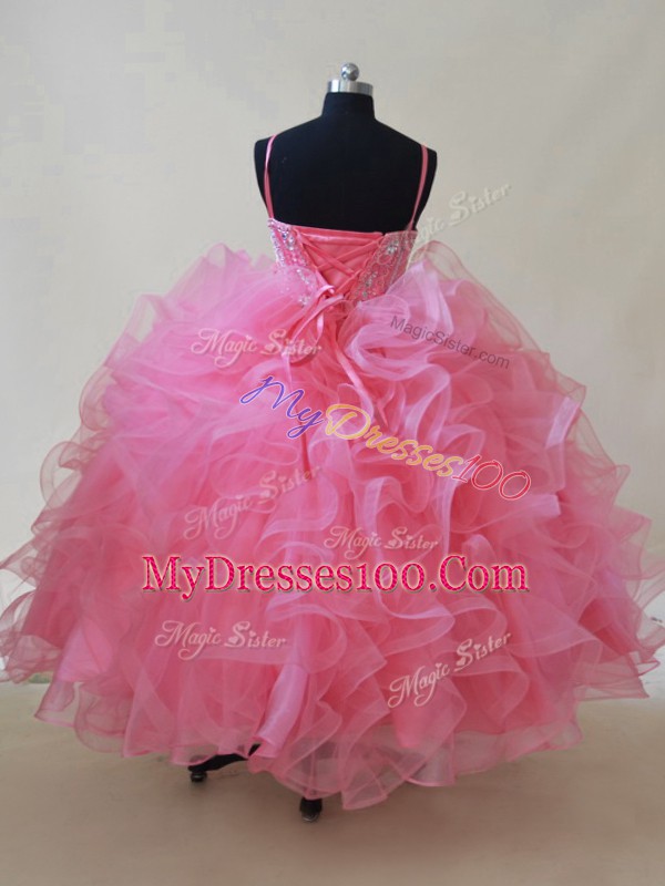 Sleeveless Lace Up Floor Length Beading and Ruffles Child Pageant Dress
