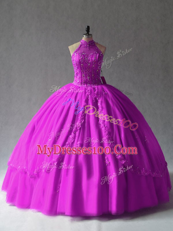 Enchanting Fuchsia Lace Up Halter Top Appliques Sweet 16 Dress Tulle Sleeveless