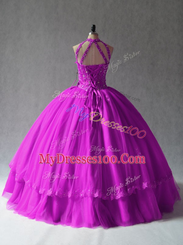 Enchanting Fuchsia Lace Up Halter Top Appliques Sweet 16 Dress Tulle Sleeveless