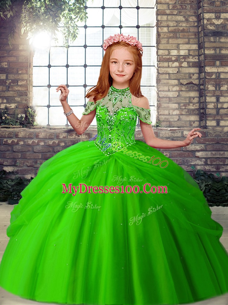 Green Ball Gowns Tulle Halter Top Sleeveless Beading Floor Length Lace Up Pageant Dresses