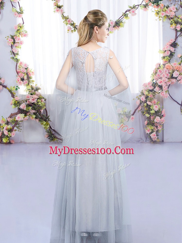 Grey Tulle Lace Up Scoop Sleeveless Floor Length Quinceanera Court of Honor Dress Lace and Belt
