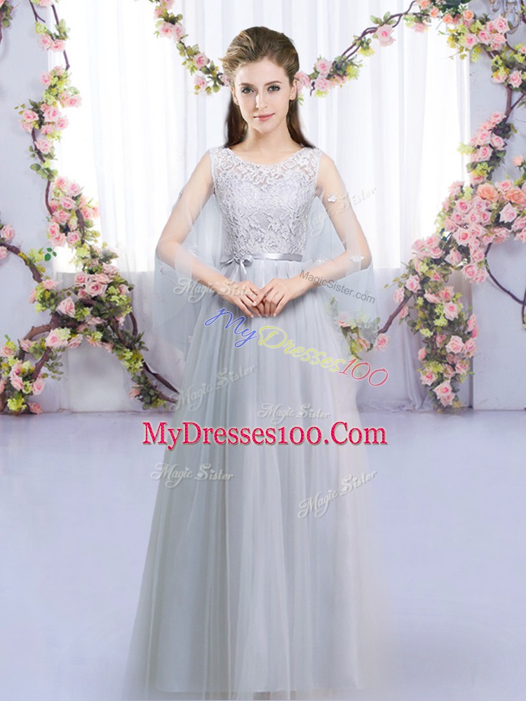 Grey Tulle Lace Up Scoop Sleeveless Floor Length Quinceanera Court of Honor Dress Lace and Belt