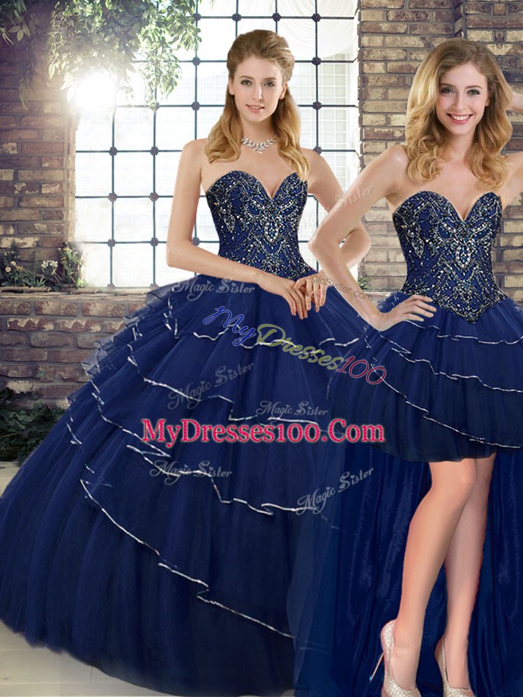 Navy Blue Sweetheart Neckline Beading and Ruffled Layers 15th Birthday Dress Sleeveless Lace Up