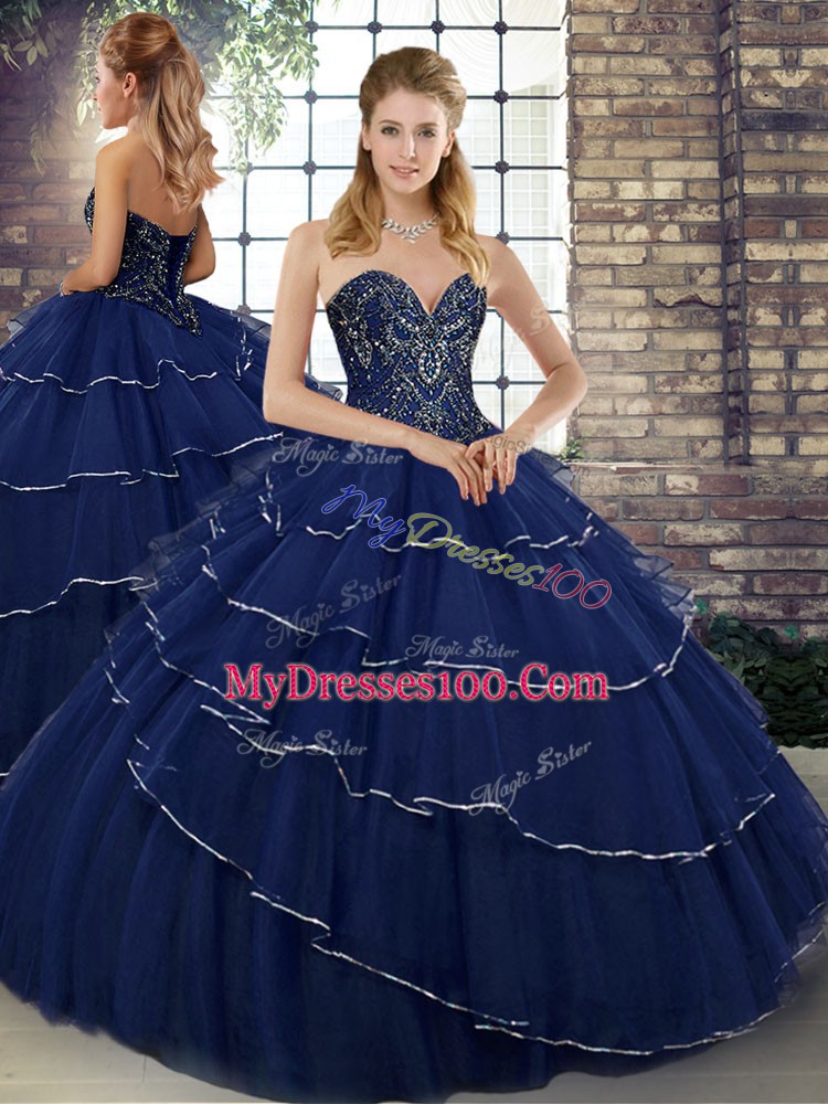 Navy Blue Sweetheart Neckline Beading and Ruffled Layers 15th Birthday Dress Sleeveless Lace Up
