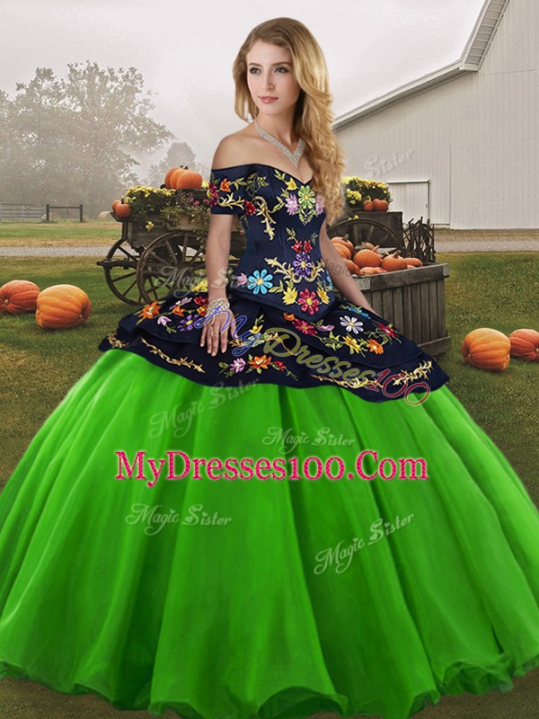 Super Sleeveless Tulle Floor Length Lace Up Sweet 16 Quinceanera Dress in Green with Embroidery