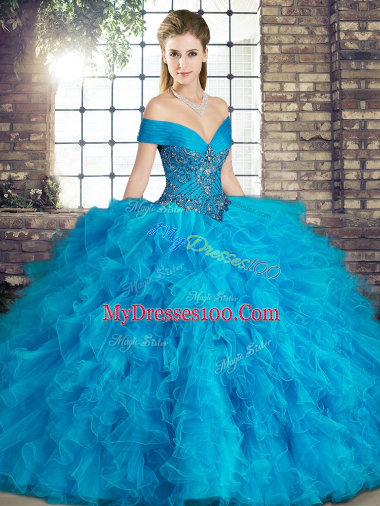 Blue Ball Gowns Off The Shoulder Sleeveless Tulle Floor Length Lace Up Beading and Ruffles Quinceanera Gown