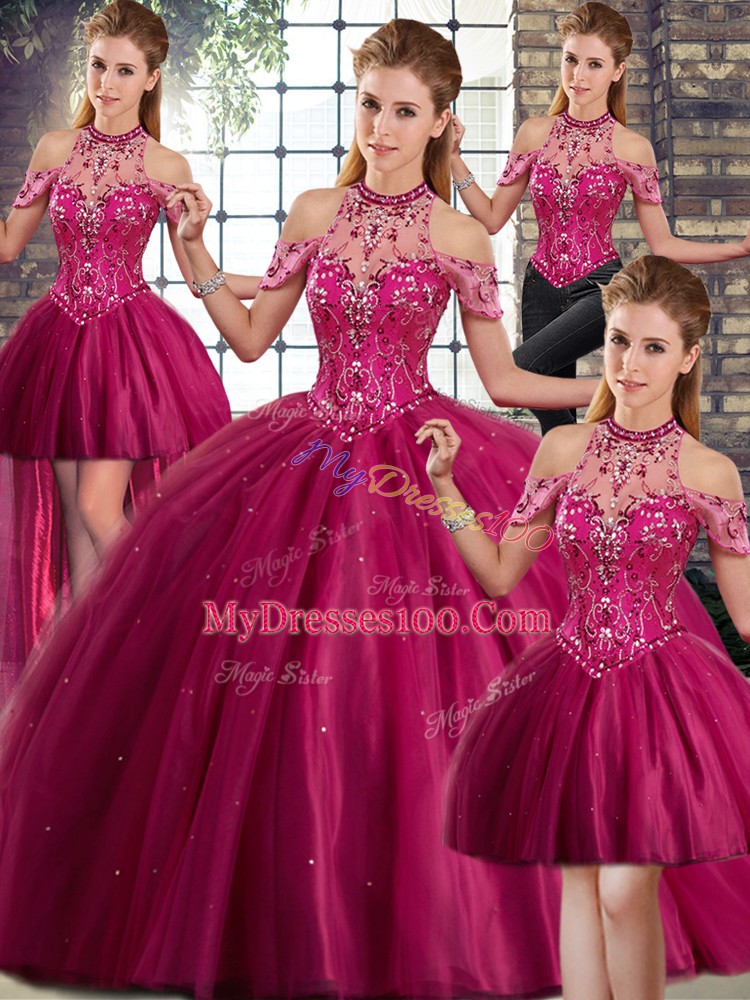 Admirable Sleeveless Beading Lace Up Quinceanera Dress with Fuchsia Brush Train