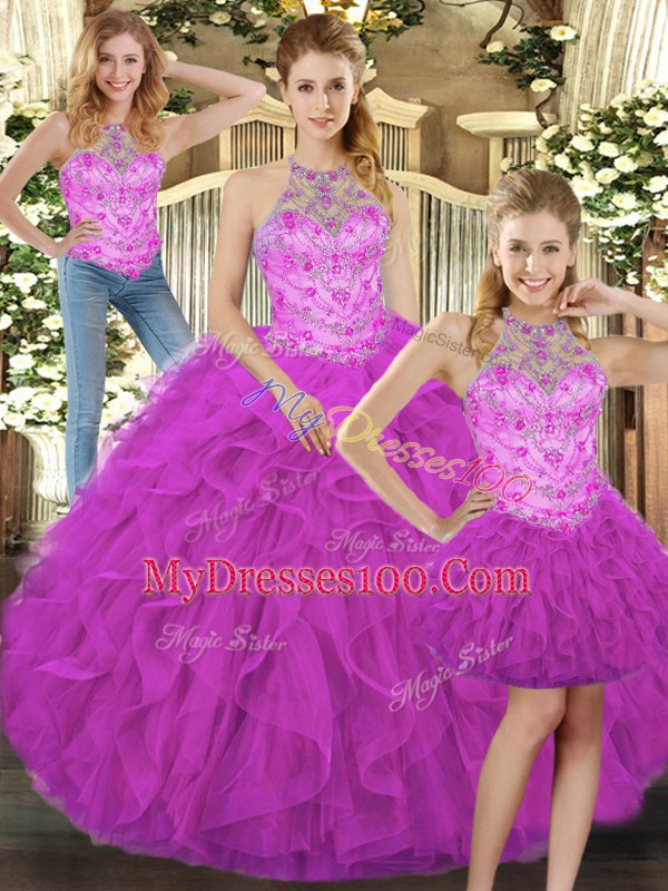 Fuchsia Three Pieces Tulle Halter Top Sleeveless Beading and Ruffles Floor Length Lace Up Quinceanera Dresses