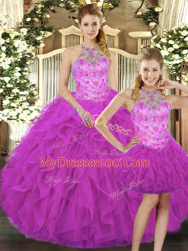 Fuchsia Three Pieces Tulle Halter Top Sleeveless Beading and Ruffles Floor Length Lace Up Quinceanera Dresses