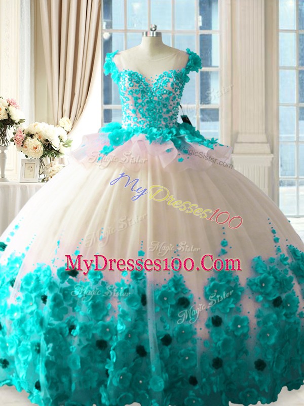 Top Selling Blue And White Scoop Neckline Hand Made Flower Wedding Guest Dresses Sleeveless Zipper