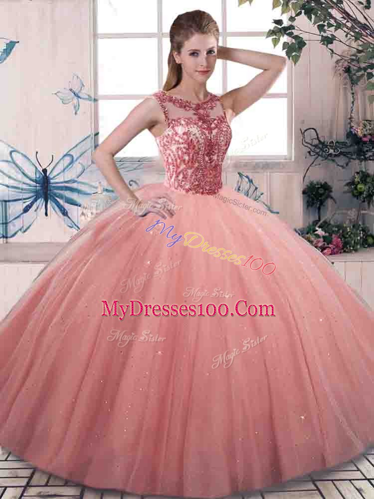 Luxury Watermelon Red Tulle Lace Up 15th Birthday Dress Sleeveless Floor Length Beading