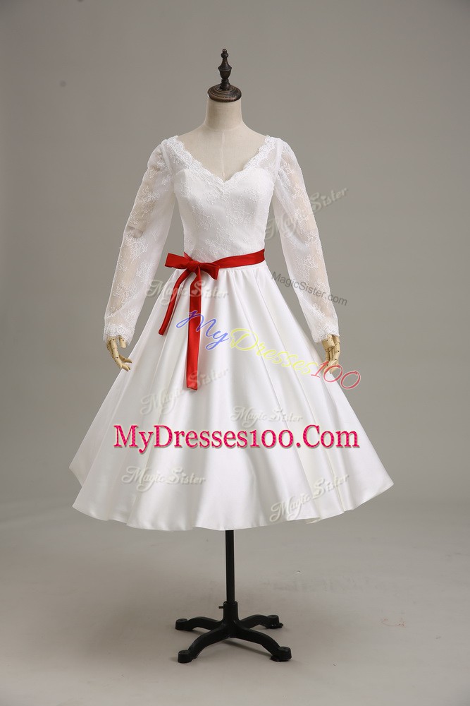 White Satin Clasp Handle V-neck Long Sleeves Tea Length Wedding Dress Lace and Sashes ribbons