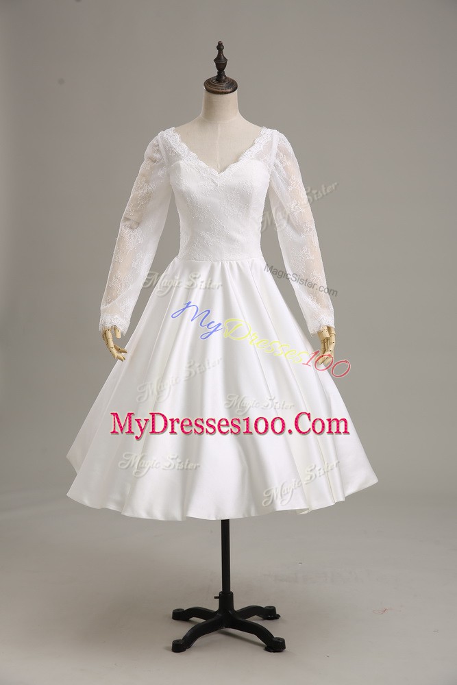 White Satin Clasp Handle V-neck Long Sleeves Tea Length Wedding Dress Lace and Sashes ribbons