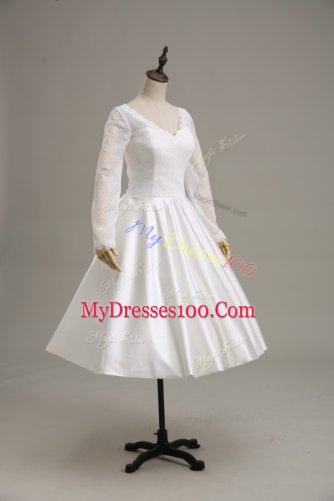 White Satin Clasp Handle V-neck Long Sleeves Tea Length Wedding Dress Lace and Sashes ribbons