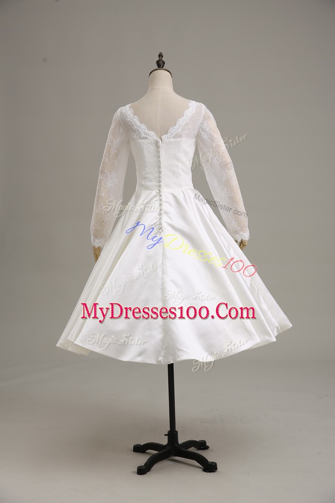 White Satin Clasp Handle V-neck Long Sleeves Tea Length Wedding Dress Lace and Sashes ribbons