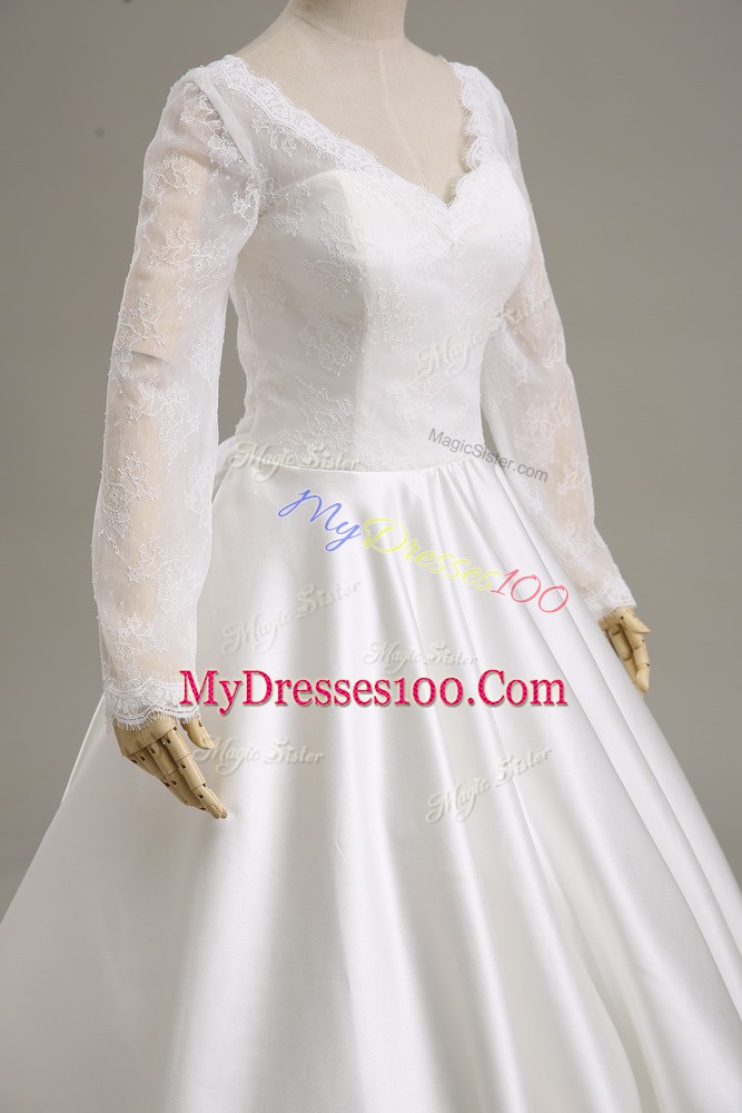 White Satin Clasp Handle V-neck Long Sleeves Tea Length Wedding Dress Lace and Sashes ribbons