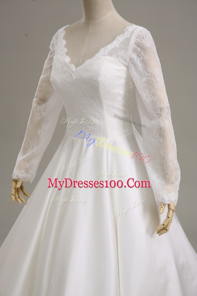 White Satin Clasp Handle V-neck Long Sleeves Tea Length Wedding Dress Lace and Sashes ribbons