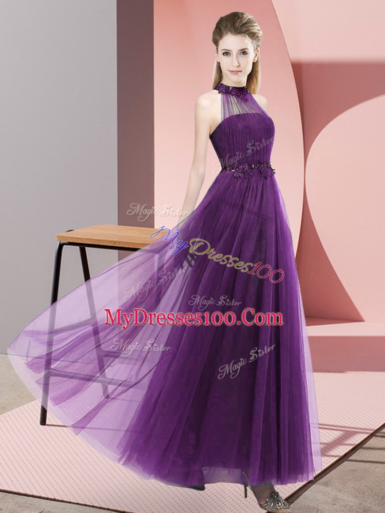 Halter Top Sleeveless Quinceanera Court of Honor Dress Floor Length Beading and Appliques Dark Purple Tulle