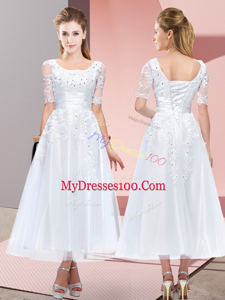 Great White Empire Scoop Short Sleeves Tulle Tea Length Lace Up Beading and Lace Wedding Party Dress